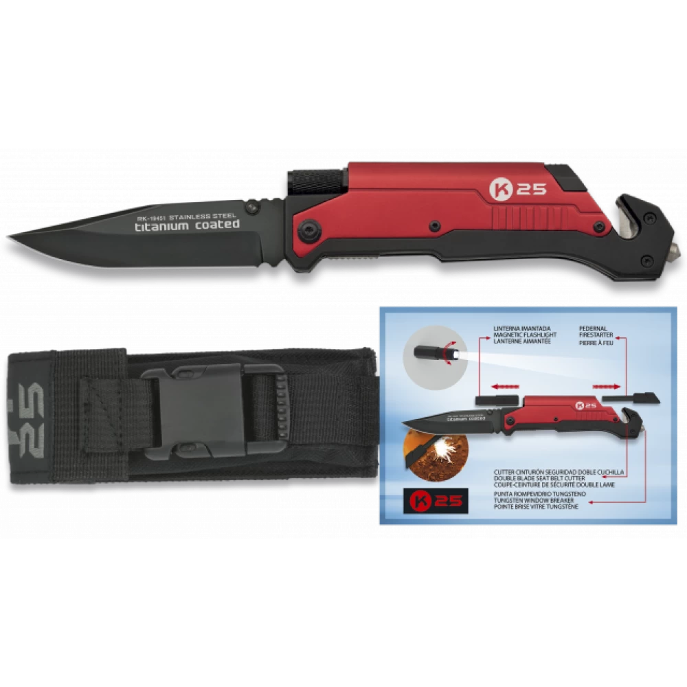 Couteau Pliable Rouge K25 Avec Lampe Intégrée Lame 9 Cm